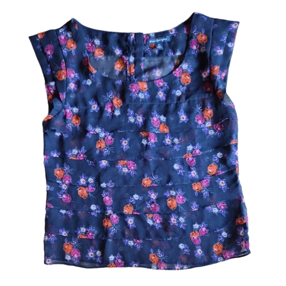 American Eagle Navy Blue Floral Sheer Ruffle Blouse/Top, Cap Sleeves, Si…